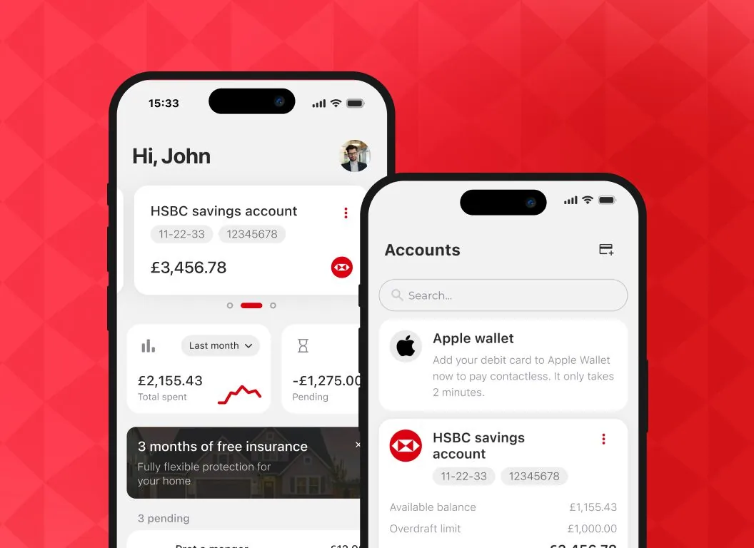HSBC mobile banking app UI: account overview and accounts screens with Apple Wallet