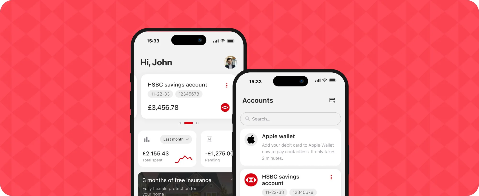 HSBC mobile banking app UX design: home and accounts screens on iPhone