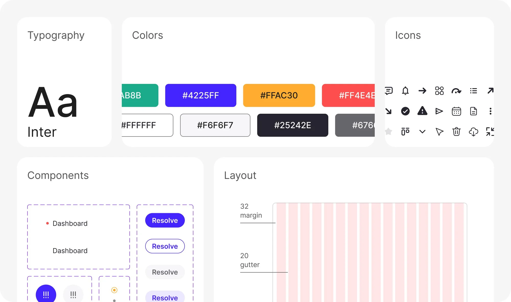 Ontolo design system: Inter typography, colour palette, icons, components and layout grid