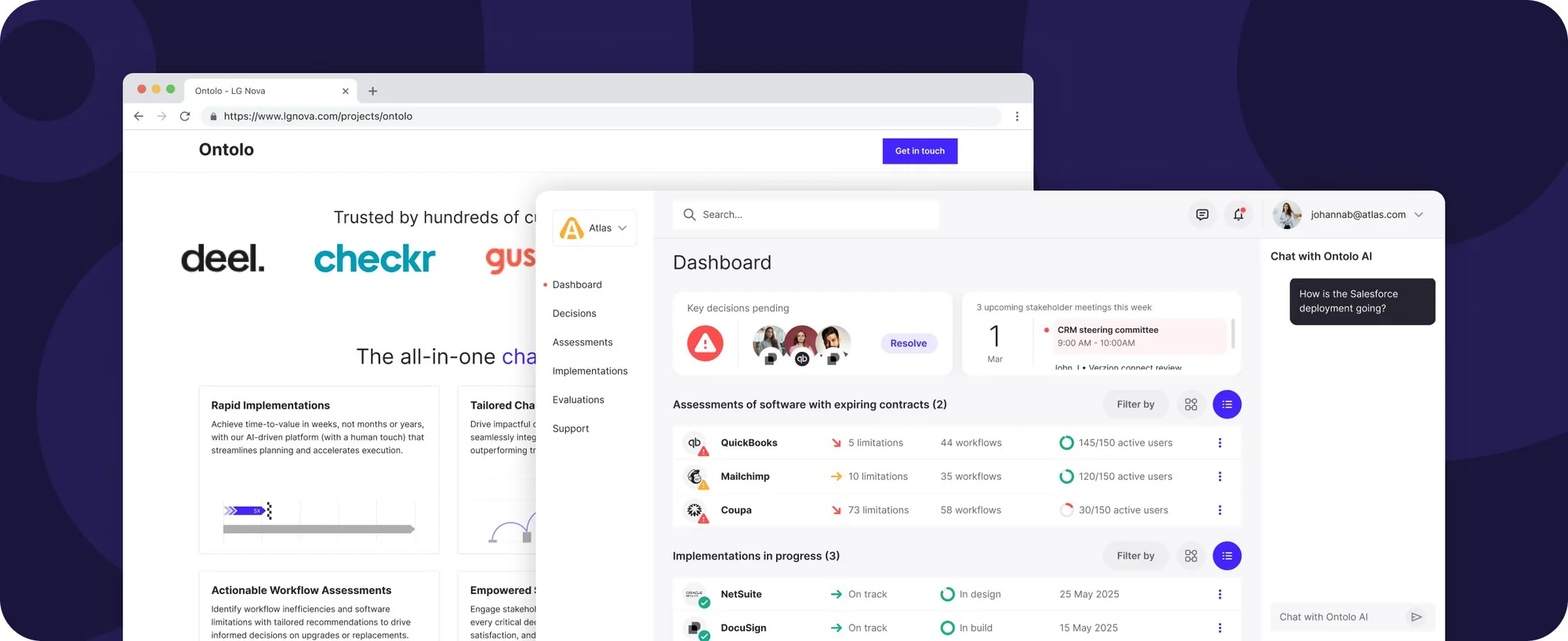 Ontolo AI web app landing page and dashboard, an LG NOVA innovation platform