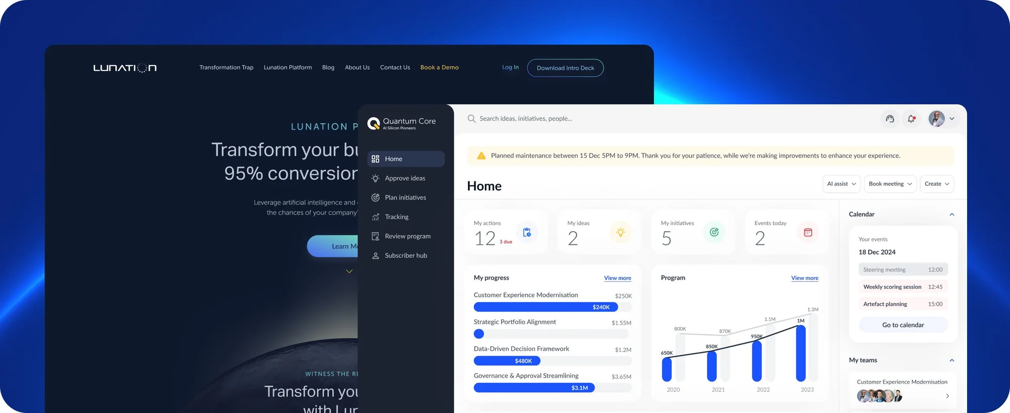 Lunation web app landing page and home dashboard for transformation programmes