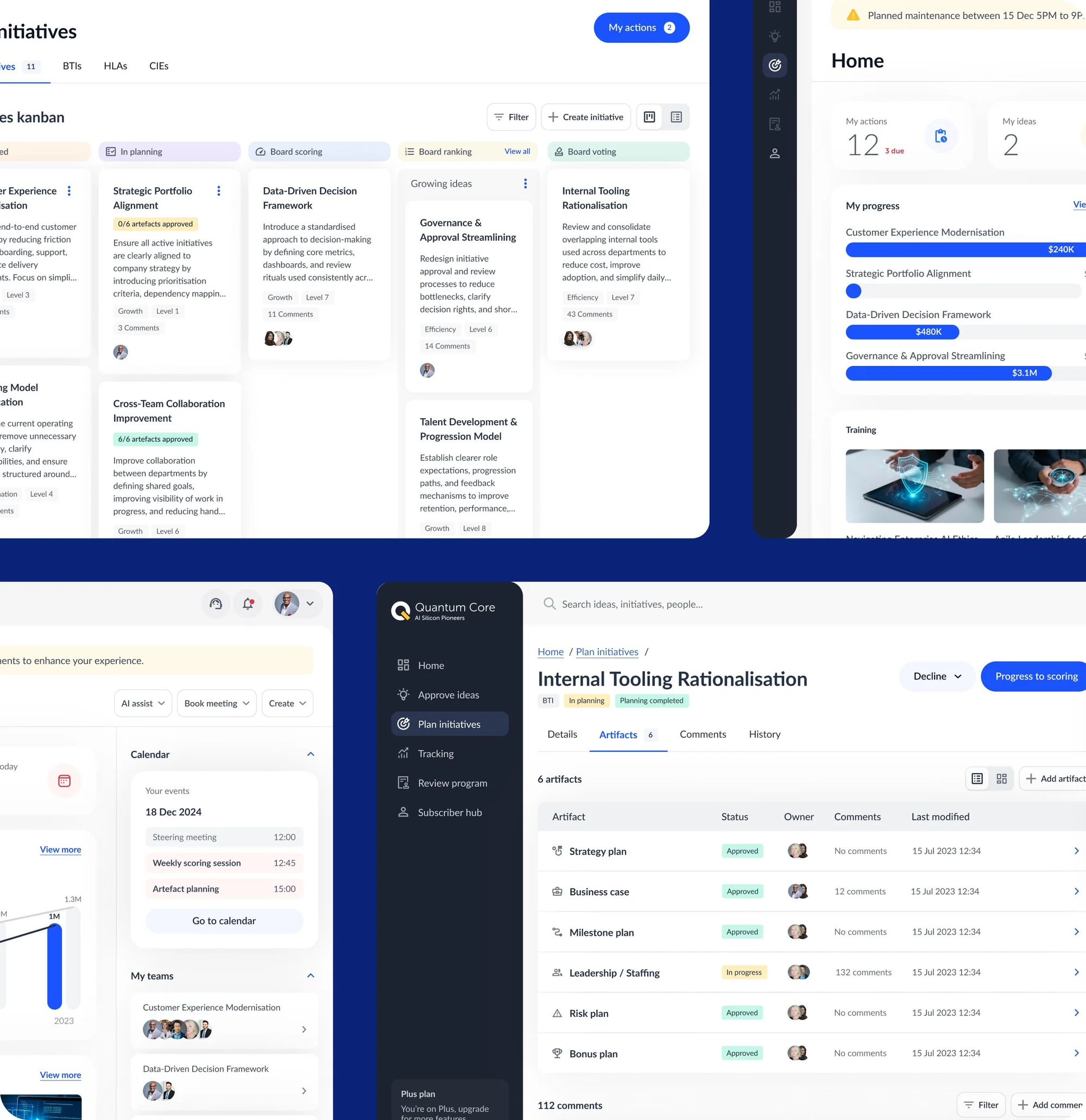Lunation high-fidelity initiative and home dashboard screens, used in user testing