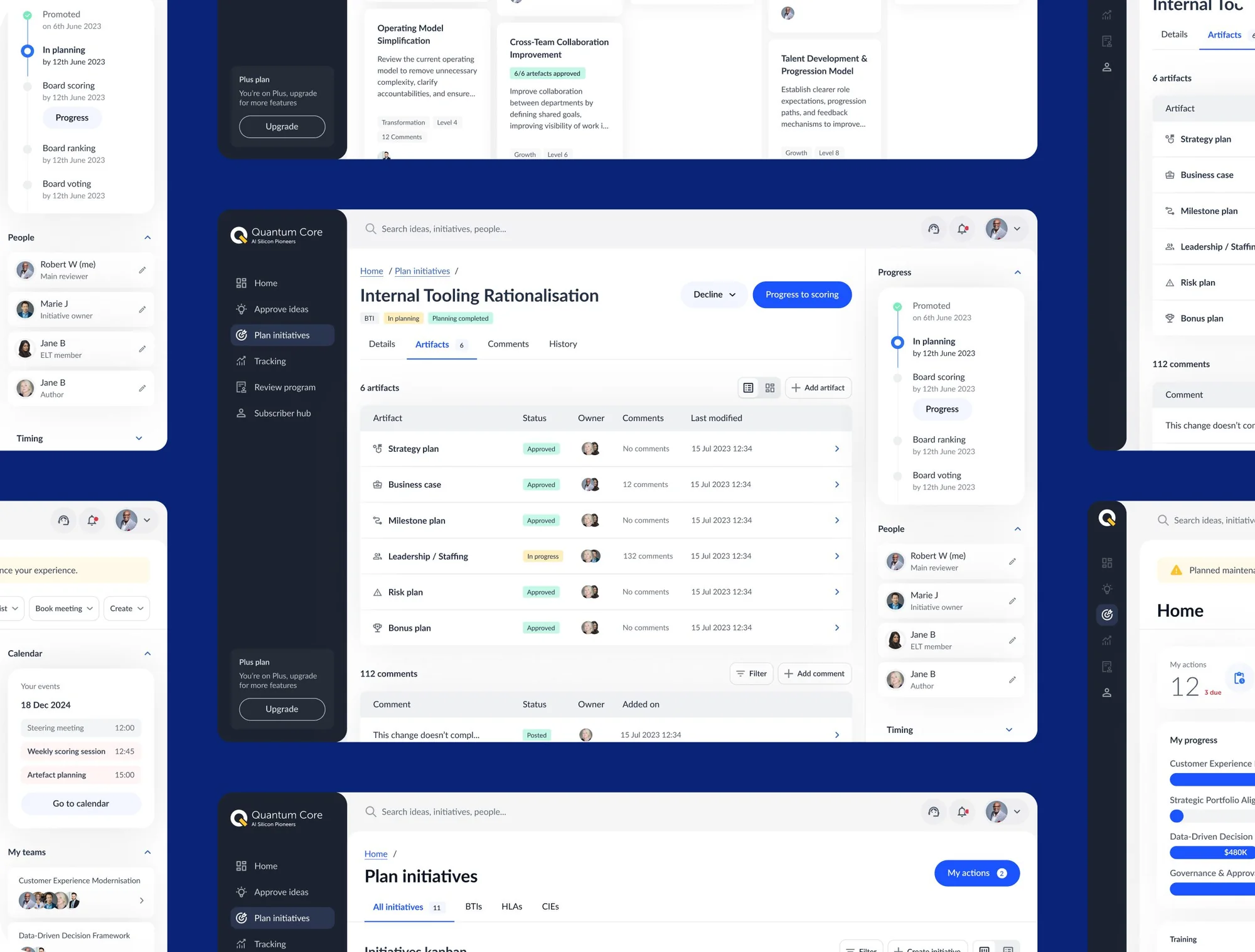 Lunation transformation web app screens: plan initiatives, artefacts and progress tracking