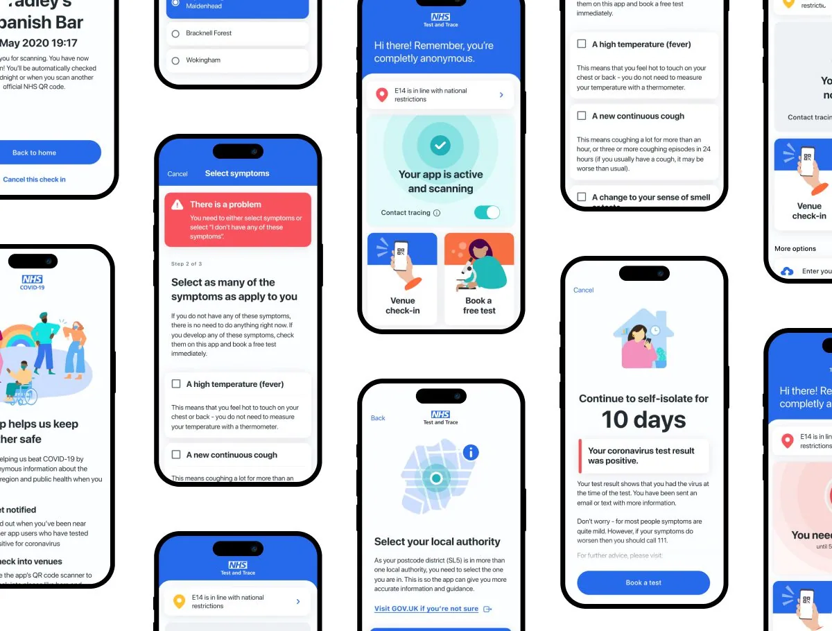 NHS Covid-19 app screens: symptom checker, self-isolation advice, local authority and venue check-in