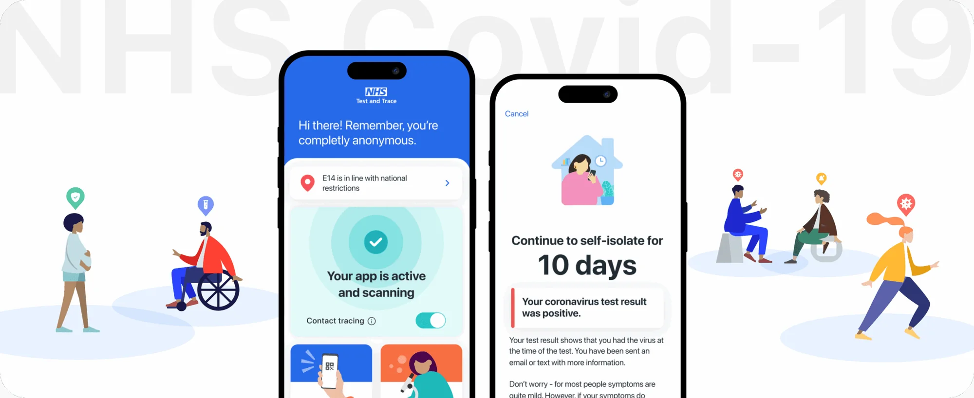 NHS Covid-19 app UX design with inclusive illustrations and the self-isolation countdown screen