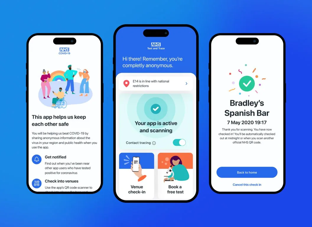 NHS Covid-19 app screens: onboarding, contact tracing active and venue check-in confirmation