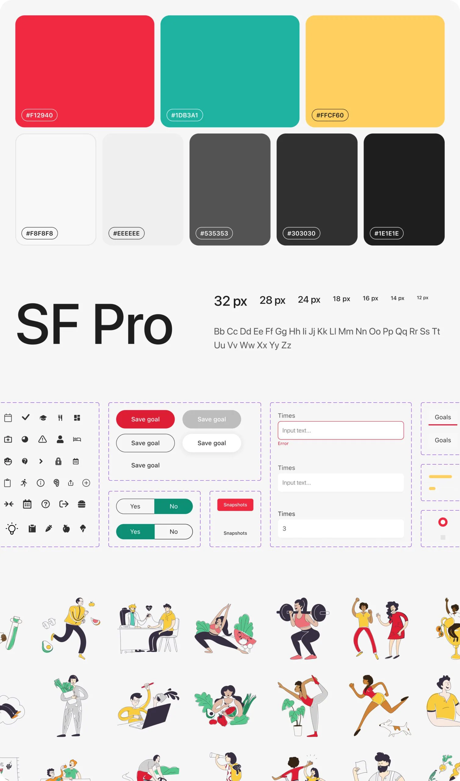 Pivio design system: colour palette, SF Pro type scale, components and illustrations