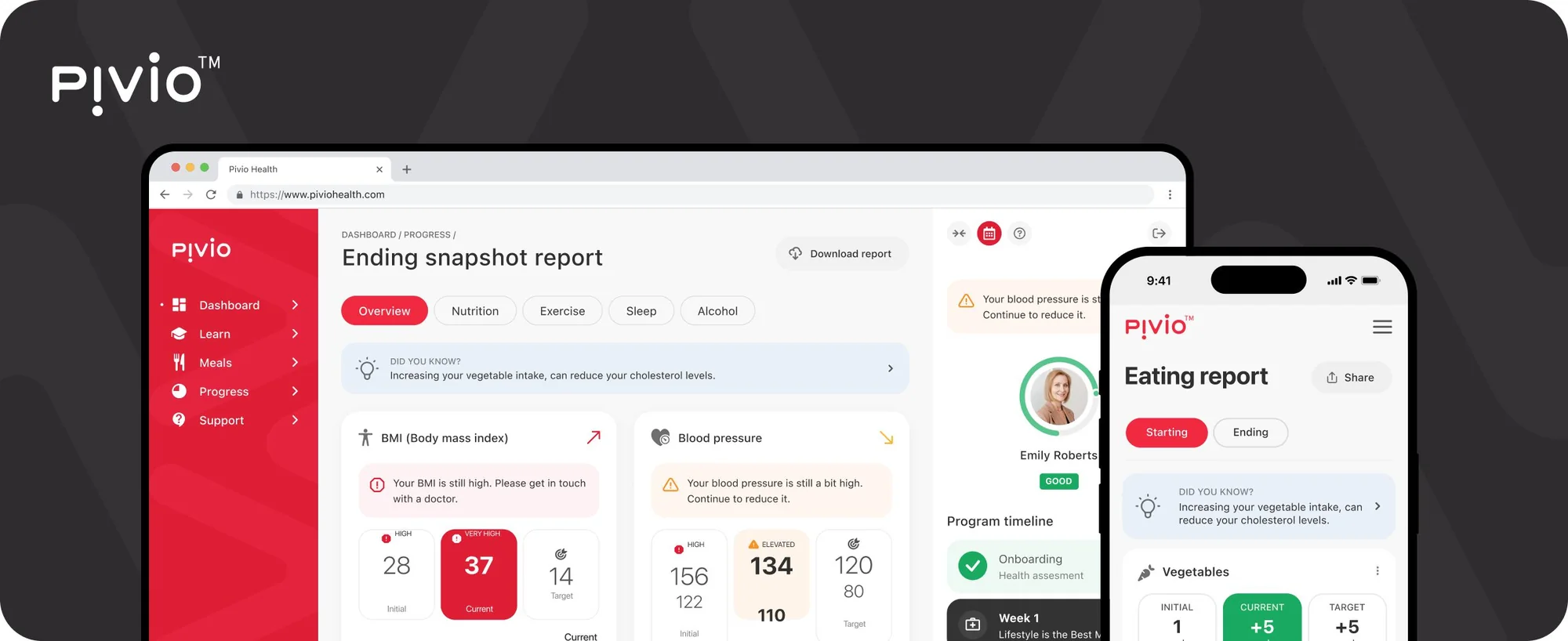 Pivio health platform UX design on laptop and phone, with an eating report and blood pressure results