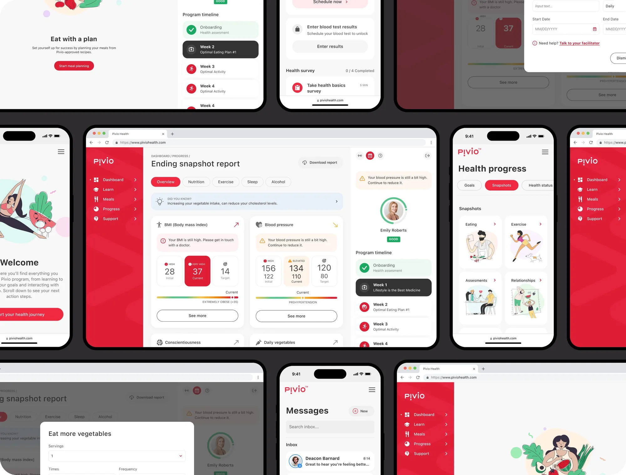 Pivio screens: welcome, health progress, programme timeline and coaching messages